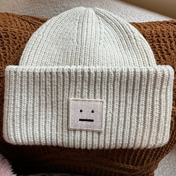 Acne Studios Accessories - Acne Studios Large Face Logo Beanie - Cream Color